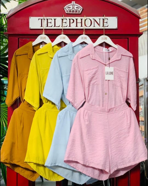 LALUNE Two Piece Collar Shirt with Shorts